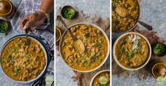 three pictures showing the process of making chicken curry