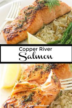 two pictures of salmon and rice on a white plate with the title copper river salmon