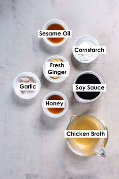 the ingredients for chicken broth are shown in small bowls