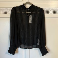 Sheer Zara Blouse Black Size M Button Down Long Sleeve Sheer Black With Lace Detail On Front Nwt Zara Black Long Sleeve Blouse, Long Sleeve Blouse With Back Button For Night Out, Chic Black Shirt With Button Closure, Zara Black Formal Tops, Elegant Black Zara Blouse, Chic Black Top With Button Closure, Chic Black Tops With Button Closure, Black Collared Blouse With Button Closure, Formal Black Zara Tops