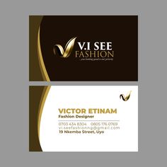 a business card for a fashion designer with gold and black accents on the front, and bottom