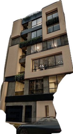 a car parked in front of a tall building with balconies on the windows