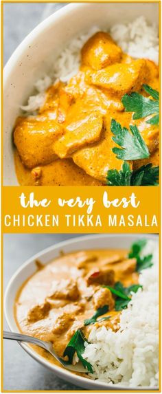 the very best chicken tikka masala is served with rice and cilantro