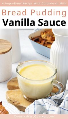 bread pudding in a glass bowl on a cutting board next to other foods and utensils