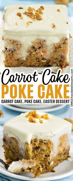 carrot cake with cream cheese frosting on top and the words carrot cake above it