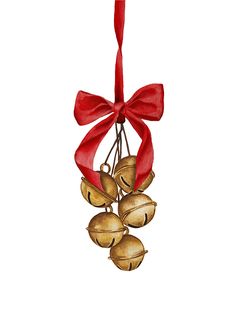 an ornament with bells hanging from it's red ribbon