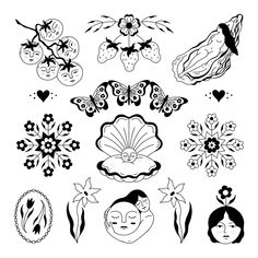 black and white drawings of flowers, butterflies, and hearts