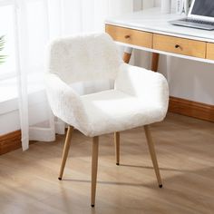 PRICES MAY VARY. ✿Faux Fur Armchair Chair : Soft and comfortable plush fabric will bring you a pleasant sitting experience, even if you sit on it work for a long time will not feel tire ✿Multi-Functional Plush Accent Chair : This white cute office desk chair whether it is placed in your living room, makeup, study, or in your office all are perfect choices ✿Sturdy & Durable White Desk Chair : Thicken metal tube with wood grain transfer painting for legs, which is unique on look, but also strong e Fur Dining Chair, White Desk Chair, Cute Desk Chair, Desk Chair Comfy, Plush Armchair, Vanity Chair, Mid Century Dining Chairs, Guest Chair, Small Chair