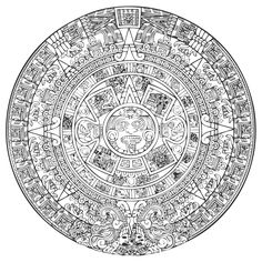 an intricate circular design in black and white, with many symbols on the inside of it