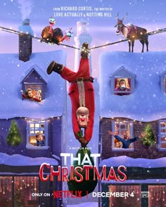 the poster for that christmas netflix starring santa is hanging upside down in front of a house