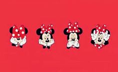 three minnie mouses with red bows on their heads