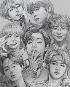 the group of young men with glasses are posing together for a photo in this pencil drawing