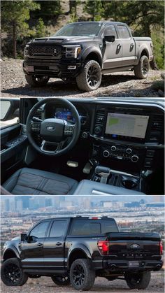 two pictures of the interior and dashboard of a pickup truck, one is black with silver trim