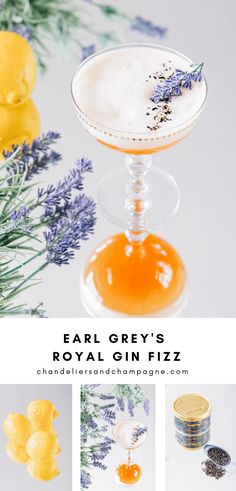 the ingredients for an easy gin fizz cocktail are shown in three different pictures, including lemons and lavender