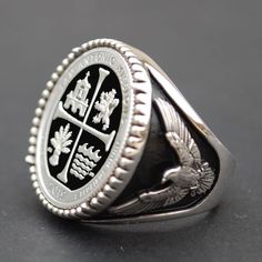 Splendid 925 Sterling Silver Signet Ring - American Eagle Design. Hand-made. Antique style oxidized. The ring is set with an authentic US 2019 Texas San Antonio Missions National Historical Park 90% Silver Proof BU Uncirculated Coin - America the Beautiful. The coin is set with 4 prongs and very secure. The ring is about 1" (26 mm) wide and 23 grams. Great detail, nice depth, and beautiful contrast. I only use these coins with strong readable dates, never try to clean them, and always keep their Silver Oxidized Finish Signet Ring As Gift, Classic Silver Engraved Stainless Steel Ring, Vintage Silver Engraved Ring In Stainless Steel, Classic Silver Stainless Steel Engraved Ring, Symbolic Silver Signet Ring With Oxidized Finish, Silver Symbolic Signet Ring With Oxidized Finish, Symbolic Silver Ring For Commemoration, Anniversary Silver Signet Ring With Oxidized Finish, Classic Silver Rings For Commemoration