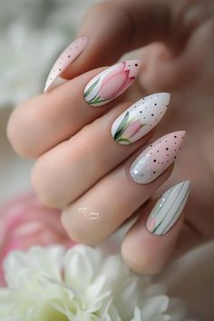 Top 15 Endless Possibilities of Pink Nail Design - NeedleStar April Nails Almond Shape, Ombre Floral Nails, White Pink Nails Design, Pretty Nail Art Designs Classy, Pink Nail Design, Fancy Nail Art, Hippie Nails, Pink Nail Designs, Pink Nail