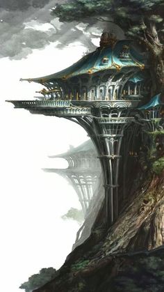 an artistic painting of a tree house on top of a hill