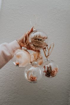 a person is holding three glass ornaments in their hand and the other one has dried flowers on it