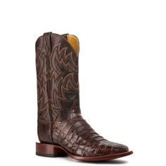 The exclusive line of Cavender's boots by Old Gringo! Boots feature a cigar caiman tail foot and a chocolate leather upper with a classy western stitching. The wide square toe, leather sole, double stitched welt and walking heel embody the true spirit of cowboy boots. These will soon become your favorite pair! Cavenders Boots, Buckaroo Boots, Alligator Boots, Cowboy Boots Square Toe, Ostrich Boots, Boot Pulls, Roper Boots, Chocolate Leather, Hunting Boots