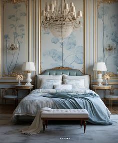 an elegant bedroom with blue and gold wallpaper, chandelier and large bed