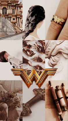 collage of various images with the words wonder written in gold and black on them