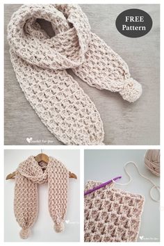 the crochet scarf pattern is shown in three different pictures, including one with an open