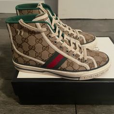 Gucci High Top Sneakers. These Are Gently Used But Still Look Great. Minor Marks From Wear. Brand New Laces And Dust Bags Included As Well As Original Box. Please Know Your Size As I Can’t Make Predictions How Shoes Will Fit Other People. Gucci High-top Sneakers With Branded Insole, Gucci High-top Sneakers, Gucci High-top Sneakers With Laces, Gucci High-top Sneakers With Red Sole, Casual Gucci Lace-up High-top Sneakers, Luxury Gucci High-top Sneakers, Gucci Luxury Lace-up High-top Sneakers, Casual Gucci High-top Sneakers With Round Toe, Gucci High-top Sneakers With Branded Heel And Round Toe