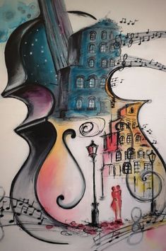 an abstract painting with musical instruments and buildings