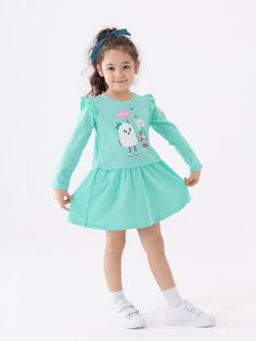 We present you this adorable Long Sleeve Dress with Monster Friends Graphic in mint color which is perfect for any occasion. Made from 100% natural cotton that is OEKO-TEX certified, the material is kind to your little angel's sensitive skin. Casual Light Green Cotton Dress, Sweet Green Cotton Dress, Playful Long Sleeve Cotton Dresses, Green Long Sleeve Dress For Playtime, Green Casual Dress For Playdate, Casual Green Dresses For Playdate, Long Sleeve Cotton Dress For Playwear, Playful Light Blue Cotton Dress, Playful Green Long Sleeve Dress