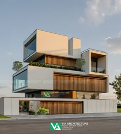 an architectural rendering of a modern building with wooden and glass balconies on the upper floor