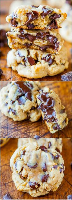 chocolate chip cookies stacked on top of each other with the words, softato cream cheese chocolate chip cookies