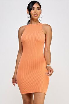 model is wearing Orange Ribbed Sleeveless Mini Dress Sleeveless Mini Dress, Dress Length, Spandex, Size Small, Mini Dress, Texture, Wardrobe, Orange, Fabric