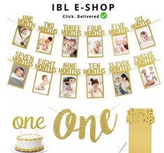 there is a one year birthday banner with photos on it and the number one cake topper