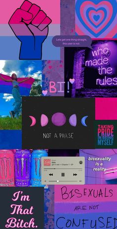 the collage shows different types of text and images in pink, blue, green, purple