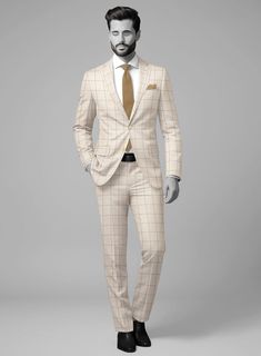 Introduce a new level of sophistication and comfort to your weekly wardrobe with the Napolean Noemi Windowpane Beige Wool Suit. Crafted meticulously from a blend of wool, silk, and linen, this suit offers both warmth and breathability, making it an ideal choice for various occasions. Its tranquil beige color and timeless windowpane check pattern effortlessly elevate any ensemble. Whether you're traveling for business or navigating busy days at the office, this versatile suit ensures you maintain a polished appearance while staying comfortable all day long.  Look Includes   Napolean Noemi Windowpane Beige Wool Fabric  Two Button Jacket Style  Notch Lapel   Corozo    Beige   Buttons  Single Vent  Three Cuff Buttons  Two Welted Back Pockets on Trousers   Click 'Customize Now' to modify the lo Beige Wool Long Sleeve Suit, Luxury Beige Wool Suits, Semi-formal Beige Wool Suit, Classic Single-breasted Wool Suit, Classic Wool Three-piece Suit With Hidden Button Closure, Italian Suit, Linen Suits, Tweed Suits, Wool Suit