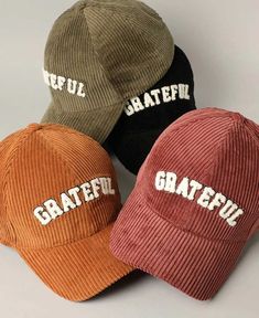 Through gratitude, we generate contentment. This classic velvety textured corduroy cap gets you there with a mindful inscription for cultivating an appreciation for the gifts in our lives. Embroidered cap (3D puff embroidery) " Grateful " lettering Classic 6 panels baseball cap Pre-curved visor One size fits the most - adjustable metal strap Available in four color options Aesthetic Hats, Embroidery Caps, Personalized Baseballs, Cap Designs, Hat Embroidery, Embroidered Baseball Caps, Embroidered Caps, Embroidered Hats, Christian Clothing