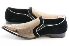 Add a suave accent to your wardrobe with these stylish loafers featuring a flashy metallic toe and embedded rhinestone that creates a high-key look and puts your feet at the center of the spotlight. Men's Dress Loafer PU Leather Upper Rubber Sole Rhinestone Upper PU Leather Lining Metallic Cap-Toe Slip-On Imported Mens Dress Loafers, Dress Loafers, Gold Rhinestone, Black Velvet, Men Dress, Pu Leather, Leather Upper, Loafers, Slip On