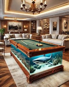 a pool table in the middle of a living room filled with couches and tables