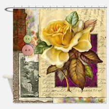 a shower curtain with a yellow rose on it