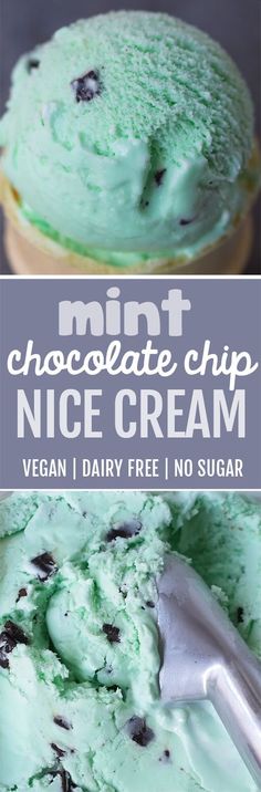 mint chocolate chip ice cream in a bowl with a spoon on the side and text overlay that reads, mint chocolate chip ice cream vegan dairy free no sugar