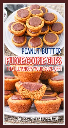 peanut butter fudge cookie cups are stacked on top of each other with the words, peanut butter fudge cookies that'll knock your sock off