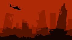 a helicopter flying over a city with tanks in the foreground and a red sky