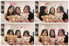 four pictures of two women holding teddy bears in their hands and smiling at each other