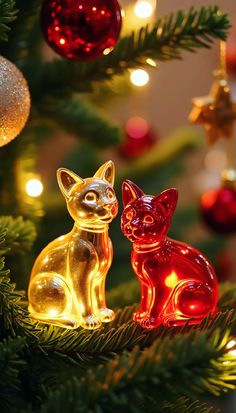 two small glass cats sitting on top of a christmas tree next to a red and yellow ornament