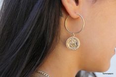 Coin Hoop Earrings, Drop Coin Charm Earrings, Saint Christopher Medallion Earrings, Hoop Medallion Pendent Earrings, Dangle Hoop Earrings by TommassiniJewelry on Etsy https://www.etsy.com/listing/599921419/coin-hoop-earrings-drop-coin-charm Medallion Earrings, Big Hoop Earrings, Dangle Hoop Earrings, Saint Christopher, Earrings Hoop, Pearl Hoop Earrings, Cross Earrings, Earrings Drop, Cross Charms