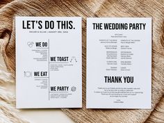 two wedding program cards on top of a furnishing cloth with the words, let's do this