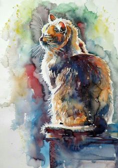 a watercolor painting of a cat sitting on top of a table with its eyes closed