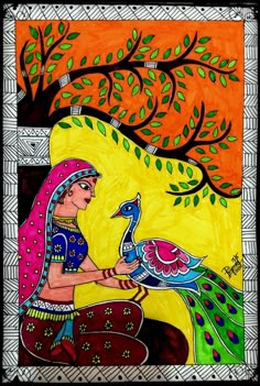 an artistic painting on paper depicting a woman with a peacock in front of a tree