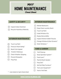 a printable home maintenance checklist with the words,'may home maintenance chat sheet '