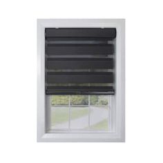 a window with black blinds in it